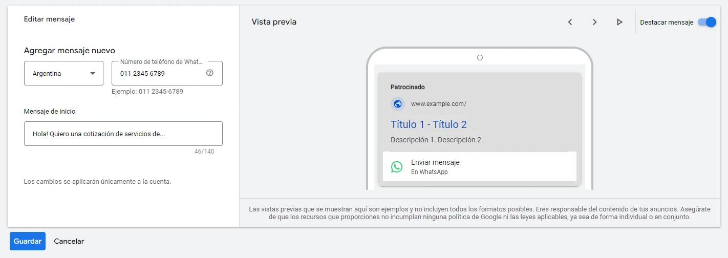 Configuración del recurso Mensaje en Google Ads. Configuración del recurso Mensaje en Google Ads.