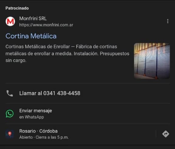 Anuncio de Google Ads con opción de comunicarse con Whatsapp Anuncio de Google Ads con opción de comunicarse con Whatsapp