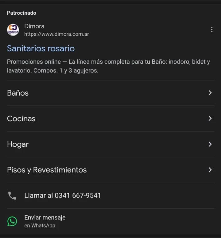 Anuncio de Google Ads con opción de comunicarse con Whatsapp Anuncio de Google Ads con opción de comunicarse con Whatsapp